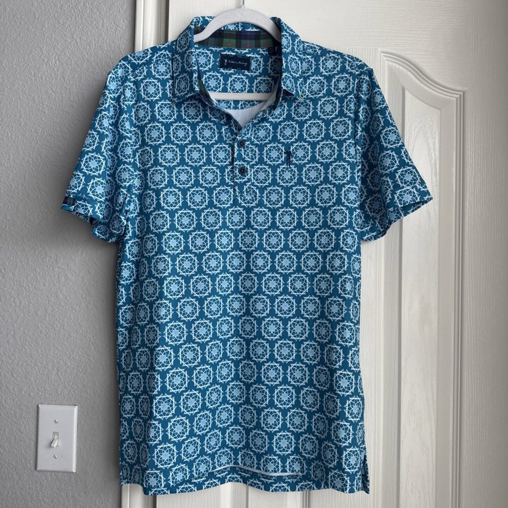 WILLIAM MURRAY Turquoise Green Blue Sandy Tiles Golf Polo Shirt Size Small